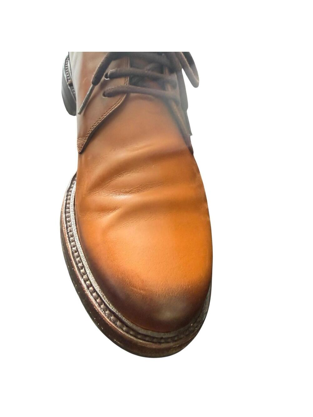 Designer Gucci Men's Burnished Tan Calfskin Leather Plain-Toe Derby Shoes 8 BOX+ - Picture 8 of 9